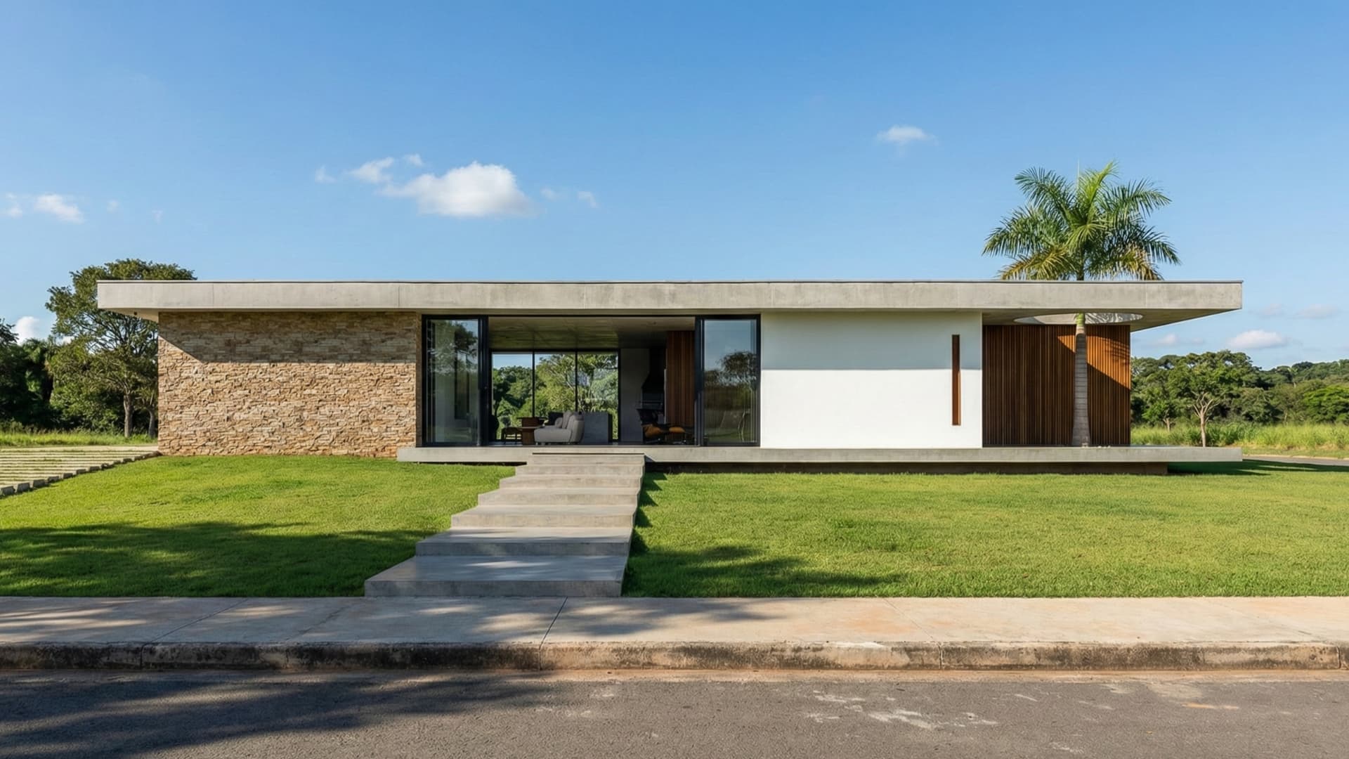 Fachada frontal de casa térrea contemporânea com laje de concreto aparente, escada flutuante e parede revestida em pedra natural.