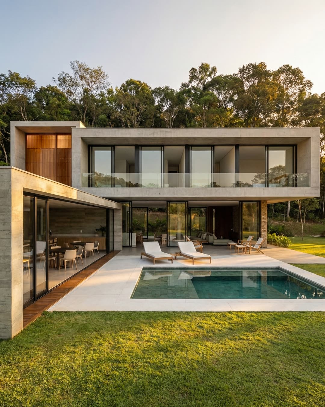 Fachada de casa de luxo em concreto aparente e brises de madeira, com piscina moderna e integração total com a natureza.