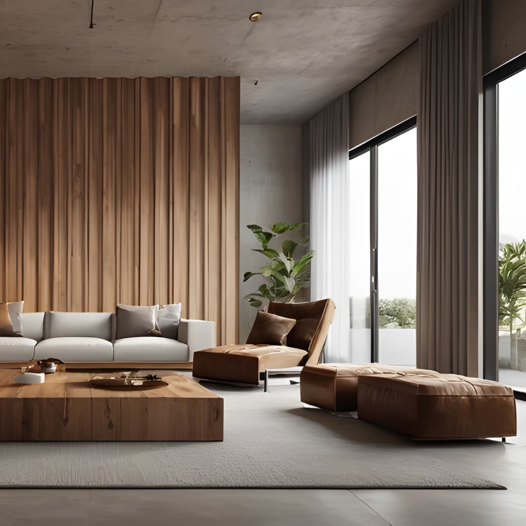 Sala de estar de apartamento de alto padrão, poltronas de couro e teto de concreto aparente.