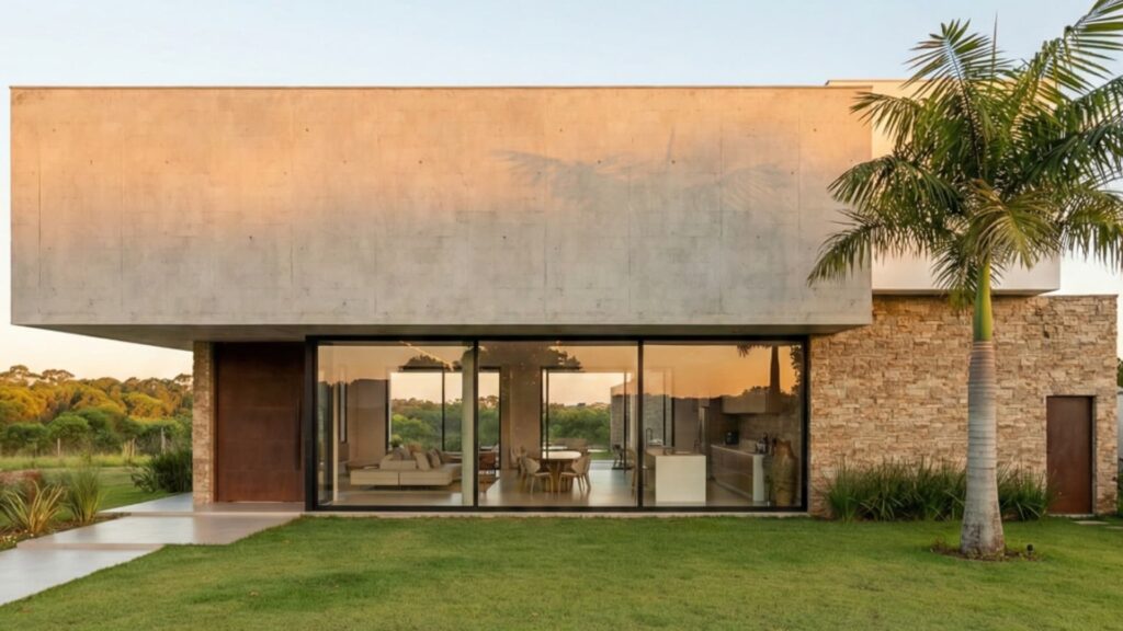 Fachada contemporânea com bloco superior em concreto aparente, grande vão envidraçado e parede de pedra natural em casa de luxo.