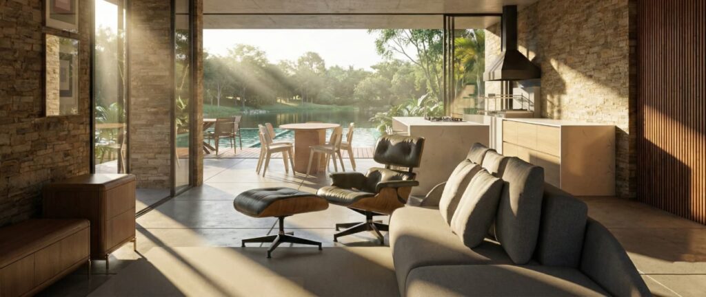 Interior de sala de luxo integrada com vista para o lago, poltrona Eames, teto em concreto aparente e luz solar natural.
