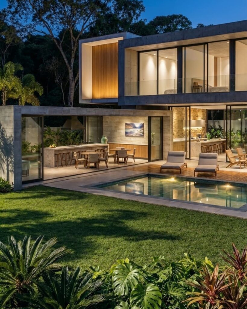 Fachada noturna de casa de alto padrão com iluminação cênica, área gourmet integrada e piscina moderna em meio ao paisagismo.
