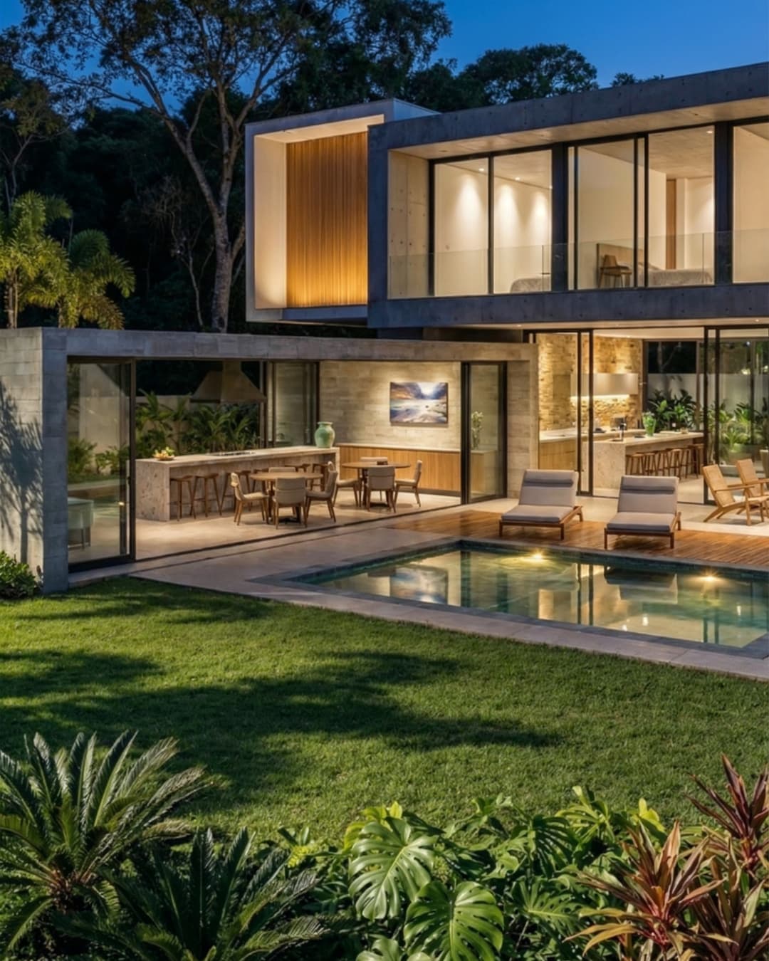 Fachada noturna de casa de alto padrão com iluminação cênica, área gourmet integrada e piscina moderna em meio ao paisagismo.