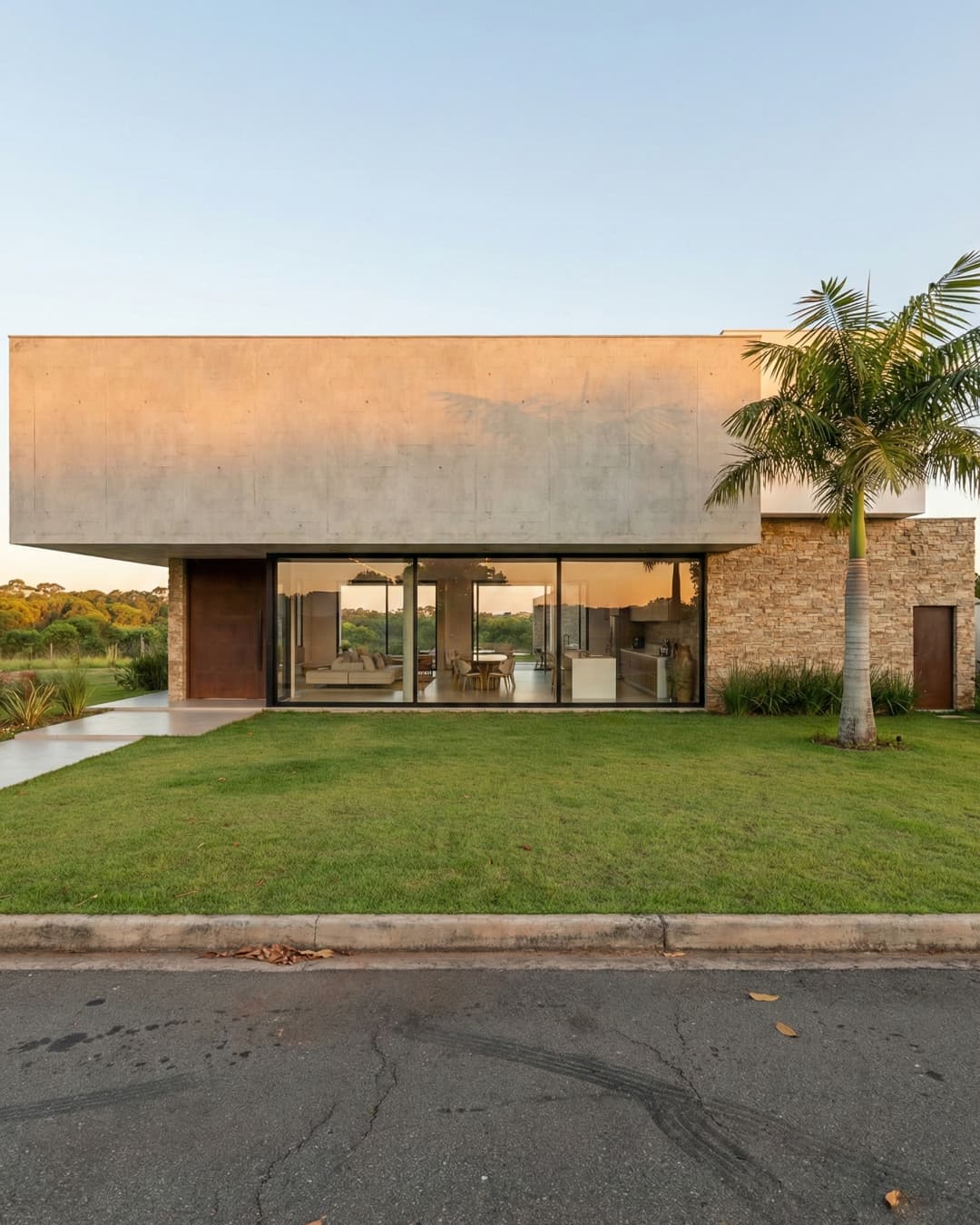 Fachada de casa de alto padrão com concreto aparente, pedra natural e grandes esquadrias de vidro integradas ao jardim