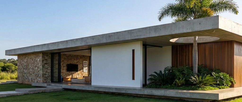 Residência de luxo térrea com cobertura plana em concreto aparente, rasgo zenital com palmeira integrada, parede em pedra natural e grandes vãos abertos, projetada por arquiteto de alto padrão.
