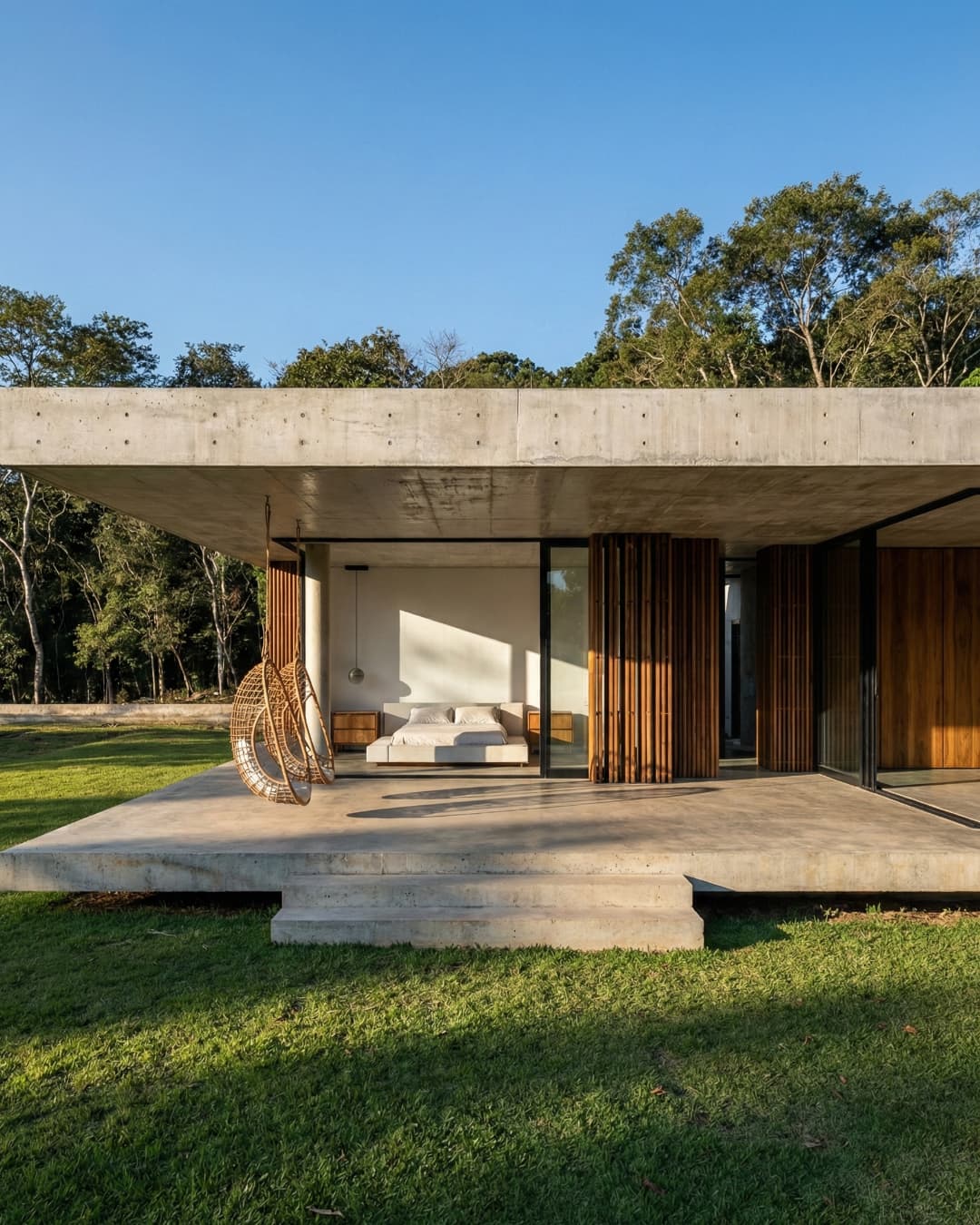 Suíte master de luxo com teto em concreto aparente, brises de madeira e balanço suspenso, integrada ao jardim externo.