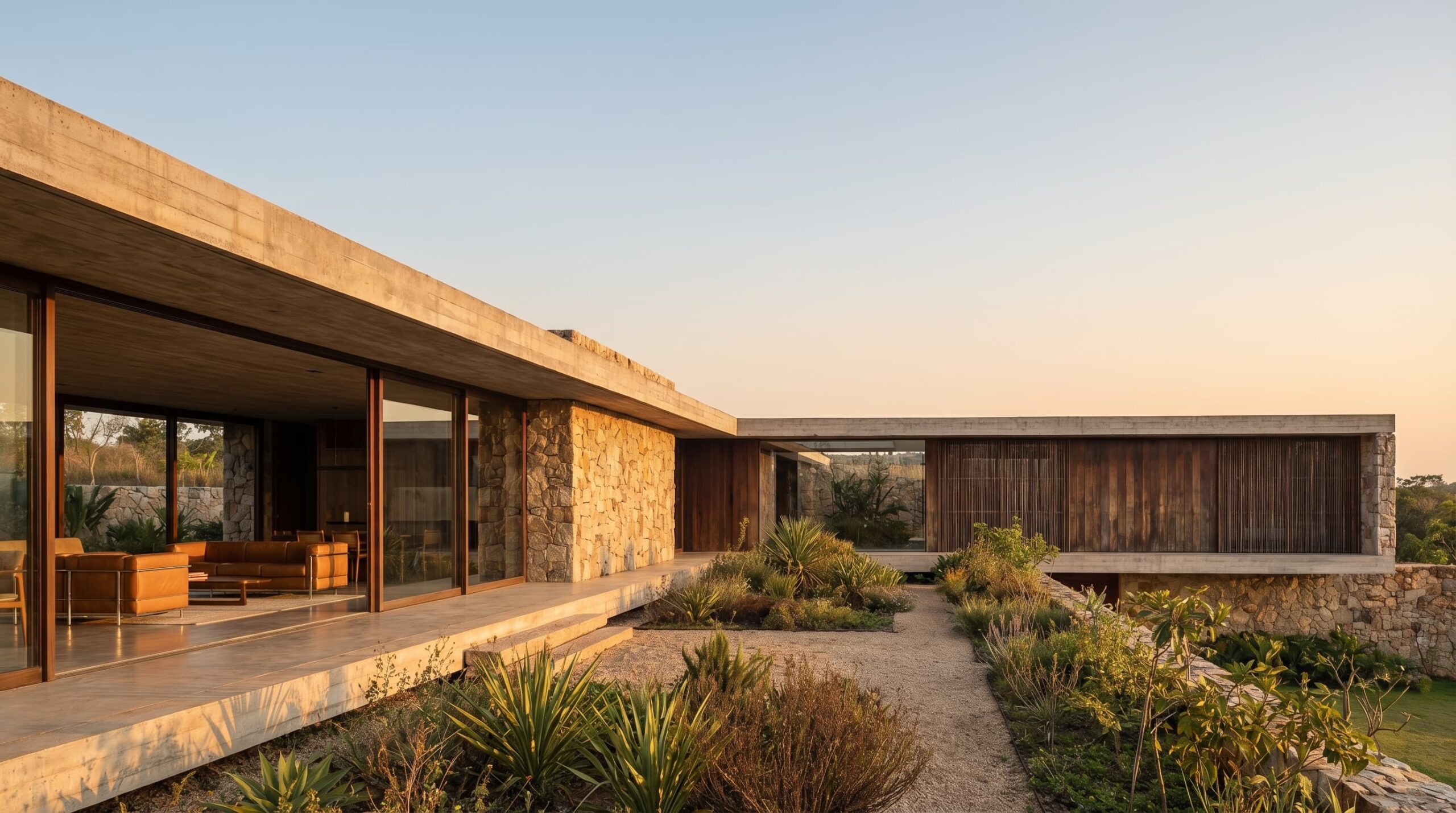 Fachada de casa de luxo com lajes lineares em concreto aparente, painéis de madeira ripada, grandes vãos de vidro integrando o living ao jardim com vegetação árida, projeto por Raphael Davila Arquitetura.
