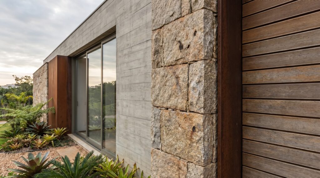 Detalhe de fachada de casa de luxo com volumes em pedra bruta, concreto aparente texturizado, painéis de madeira ripada e aço corten, ao anoitecer, projeto por Raphael Davila Arquitetura.