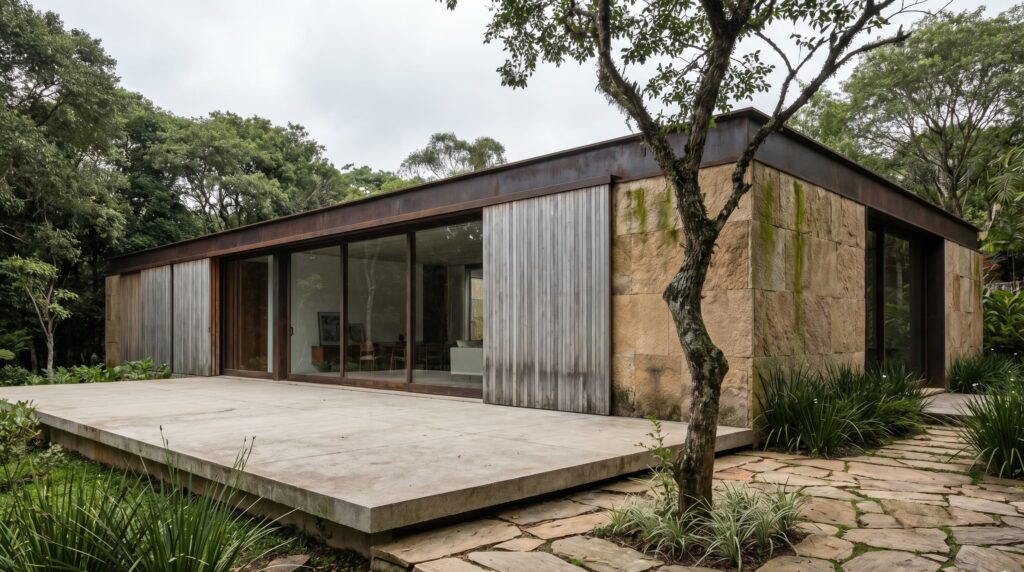 Fachada de casa moderna em formato de pavilhão com paredes revestidas em pedra natural, painéis deslizantes de madeira ripada, grandes vãos de vidro e deck de concreto integrado à natureza, projeto por Raphael Davila Arquitetura.