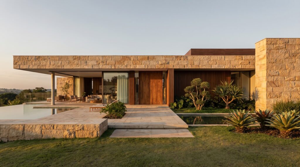 Fachada de casa de luxo térrea com revestimento em pedra clara, grande laje em balanço, área de lazer com piscina de borda infinita e jardim tropical, projeto por Raphael Davila Arquitetura.