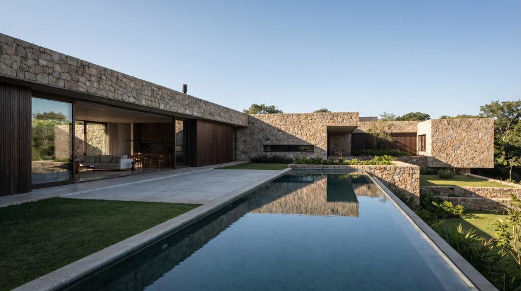 Fachada de casa moderna monolítica com volumes em pedra bruta rústica, piscina de raia longa integrado ao jardim, grandes vãos de vidro abertos para o living e área social, projeto por Raphael Davila Arquitetura.