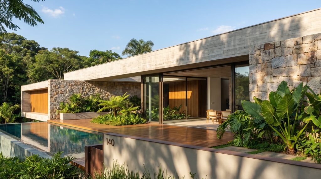 Fachada de casa moderna com laje em concreto aparente, deck de madeira integrado a piscina de borda infinita, paredes de pedra natural e paisagismo tropical, projeto por Raphael Davila Arquitetura.