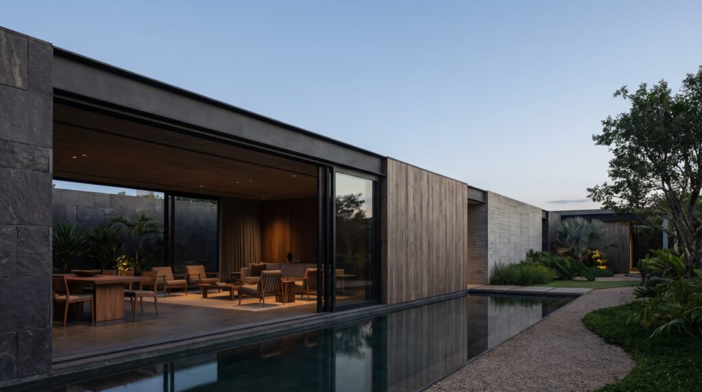 Fachada de casa moderna com living gourmet aberto para piscina de raia, paredes em concreto aparente e madeira, mobiliário de design em madeira e iluminação cêntrica, projeto por Raphael Davila Arquitetura.