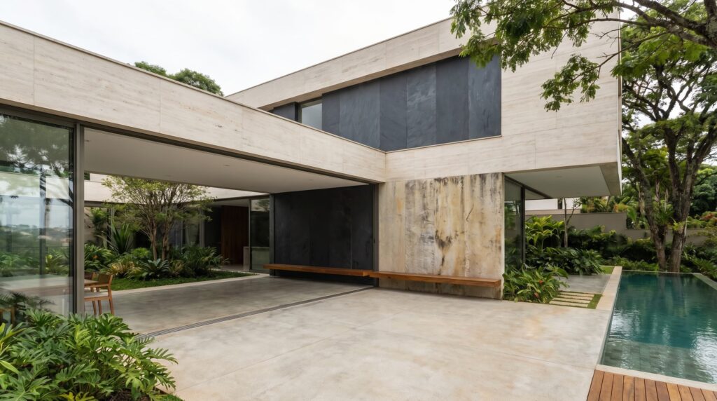 Pátio interno de casa de luxo com banco de madeira em balanço, paredes revestidas em ardósia e pedra natural, área gourmet integrada e piscina lateral, projeto por Raphael Davila Arquitetura.