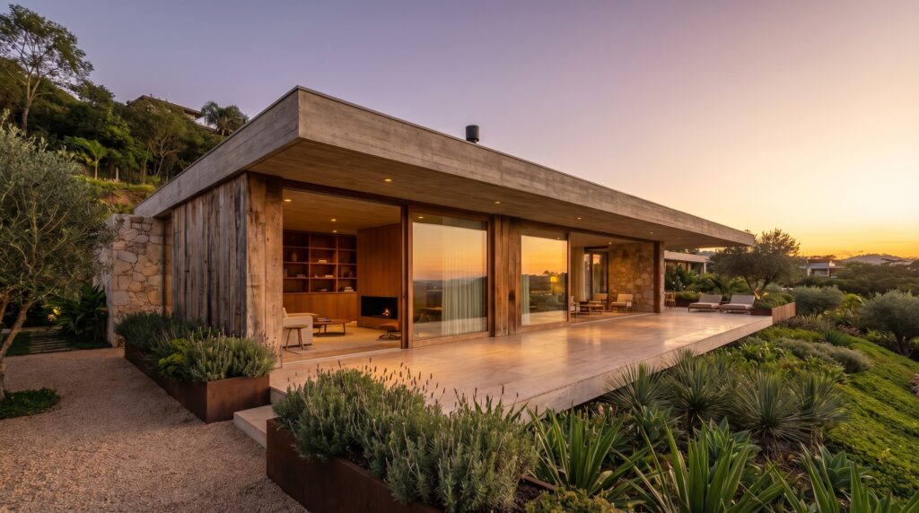Fachada de casa moderna ao pôr do sol com laje plana em concreto aparente, fechamentos em madeira de demolição, grandes vãos de vidro e jardim com lavandas, projeto por Raphael Davila Arquitetura.