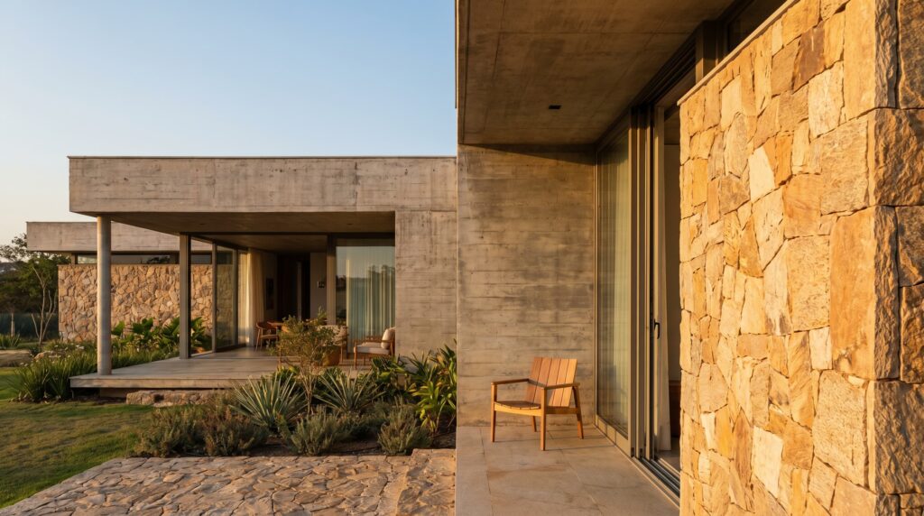 Varanda privativa de casa de luxo com poltrona de madeira, paredes revestidas em pedra natural e concreto aparente, vista para o jardim ao pôr do sol, projeto por Raphael Davila Arquitetura.