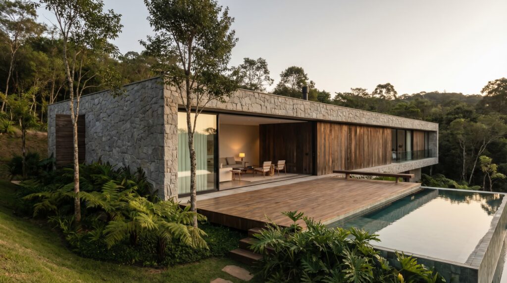 Casa de luxo monolítica revestida em pedra natural cinza, com living aberto para deck de madeira e piscina de borda infinita, cercada por vegetação nativa, projeto por Raphael Davila Arquitetura.