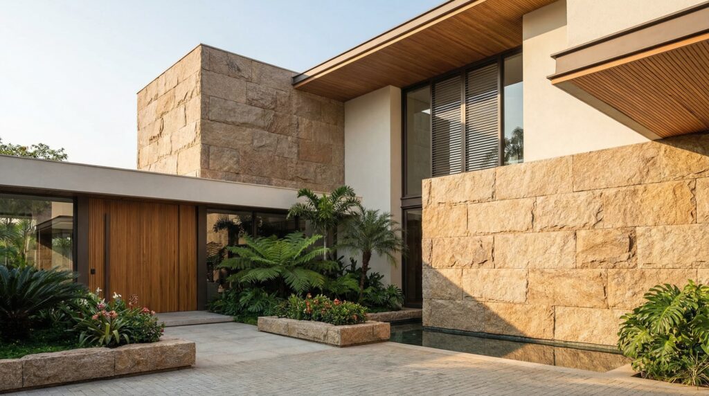 Fachada casa de luxo com volumes imponentes em pedra natural amarela, forro de madeira nobre, porta de entrada ripada e espelho d'água integrado ao paisagismo, projeto por Raphael Davila.