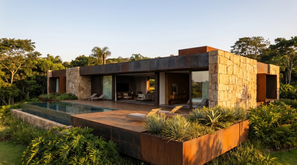 Fachada de casa de luxo com volumes em aço corten oxidado e pedra natural, deck de madeira com piscina integrada e floreiras em aço corten com vegetação tropical, projeto por Raphael Davila Arquitetura.
