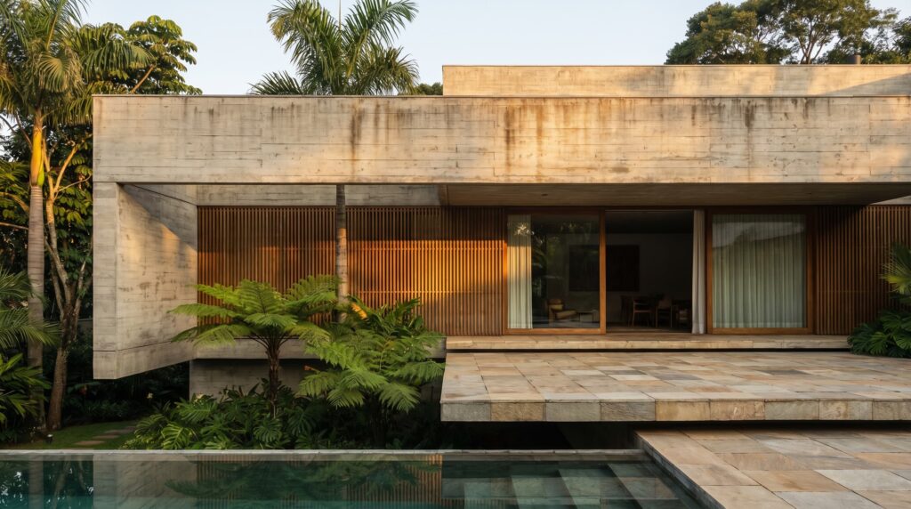 Fachada de casa moderna com grande laje em concreto aparente, painéis de brise em madeira ripada, terraço em pedra natural e piscina de borda infinita, projeto por Raphael Davila Arquitetura.