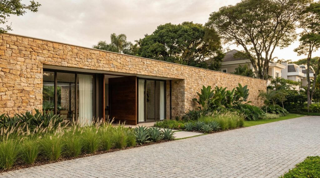 Fachada casa de alto padrão com muro extenso em pedra natural rústica, porta de entrada em madeira pivotante, grandes panos de vidro e paisagismo com gramíneas, projeto por Raphael Davila.
