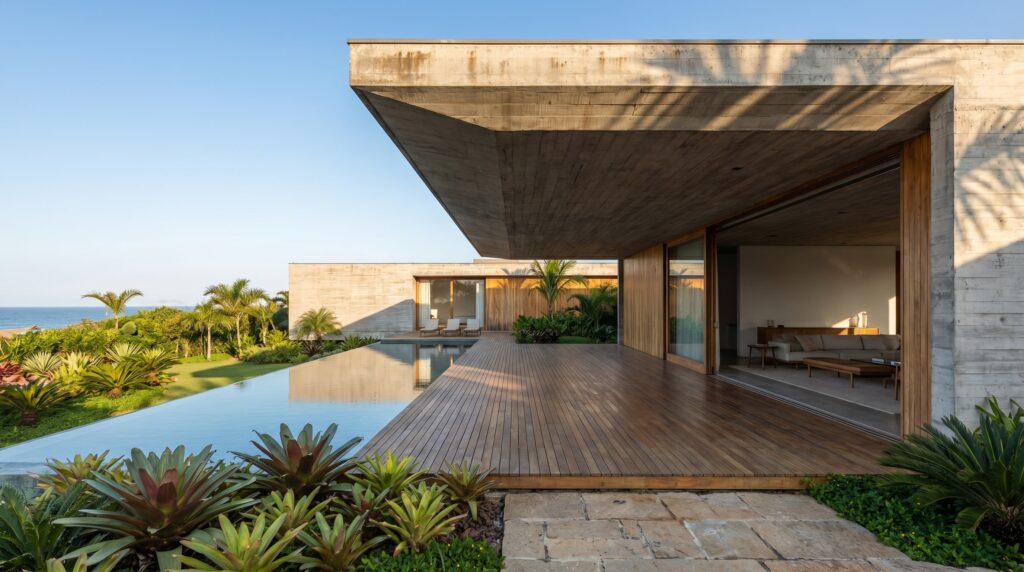 Fachada de casa de luxo à beira-mar com grande cobertura em concreto aparente, deck de madeira extensivo, piscina de borda infinita e living integrado com vista para o oceano, projeto por Raphael Davila Arquitetura.