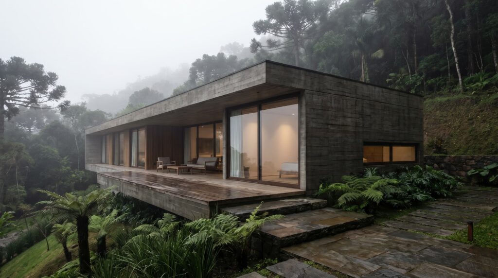 Casa de luxo minimalista em concreto aparente ripado, situada em terreno inclinado com neblina e mata nativa, deck de madeira e grandes aberturas de vidro, projeto por Raphael Davila Arquitetura.