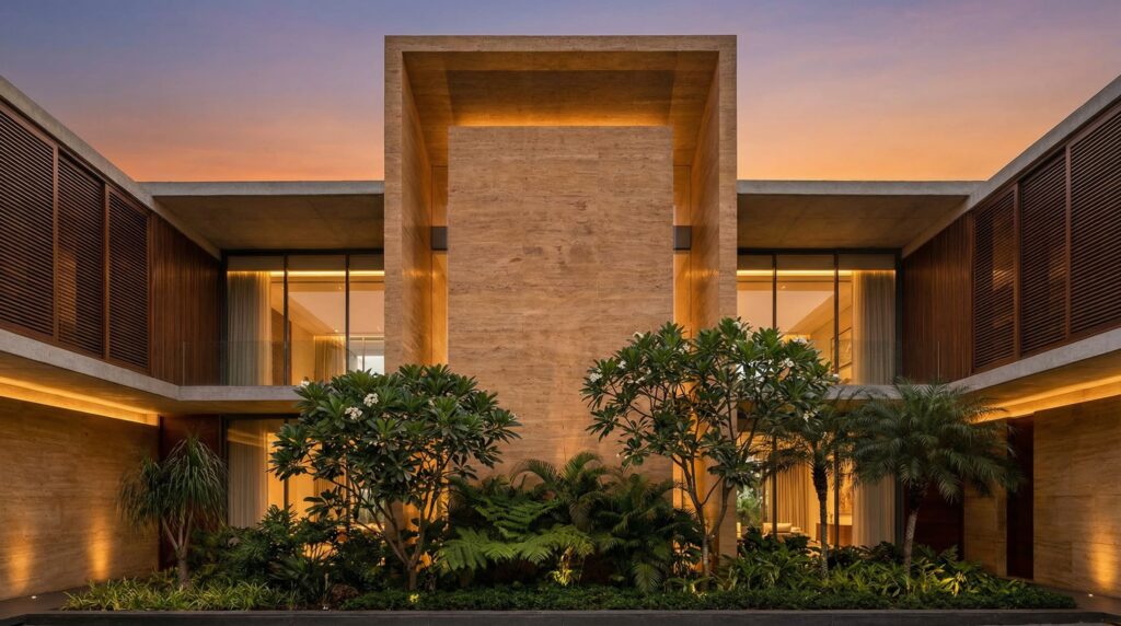 Fachada casa de luxo com pórtico central monumental em pedra natural, simetria arquitetônica, iluminação cênica em LED, grandes aberturas de vidro e jardim tropical interno, projeto por Raphael Davila.