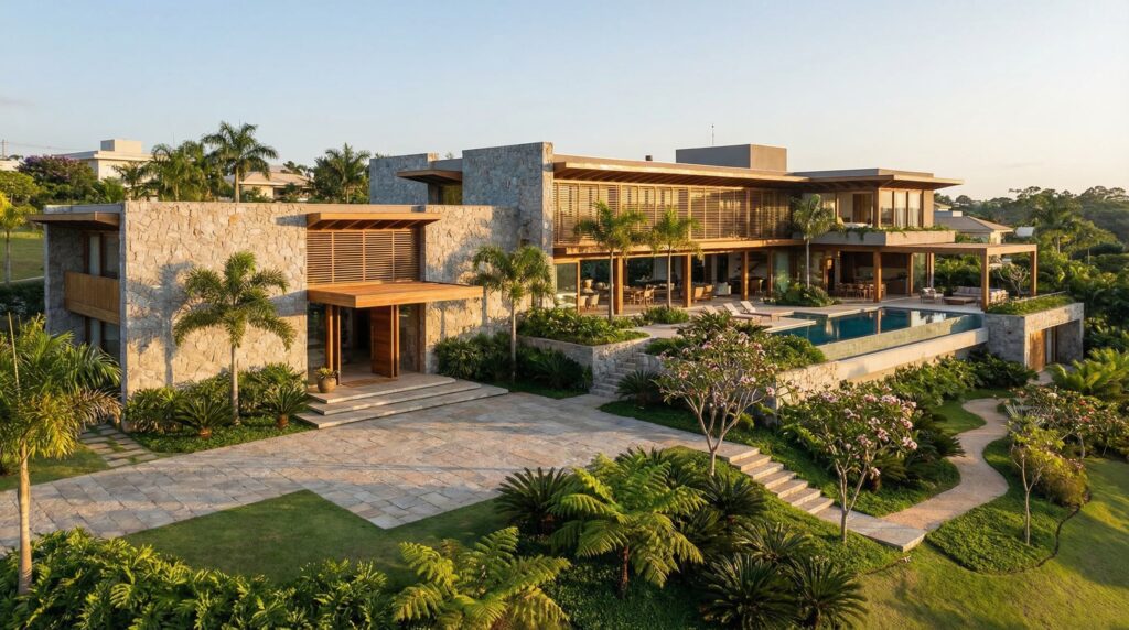 Arquitetura de alto padrão com casa de luxo em terreno inclinado, fachada em pedra moledo, amplos terraços de madeira, piscina de borda infinita e paisagismo tropical, projeto por Raphael Davila.