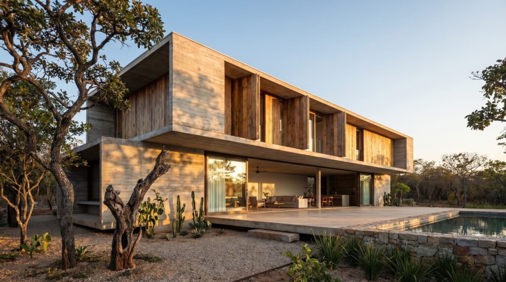 Fachada de casa de luxo com dois pavimentos, estrutura em concreto aparente, painéis de madeira articulados (camarão) no andar superior, living aberto para terraço e piscina, projeto por Raphael Davila Arquitetura.