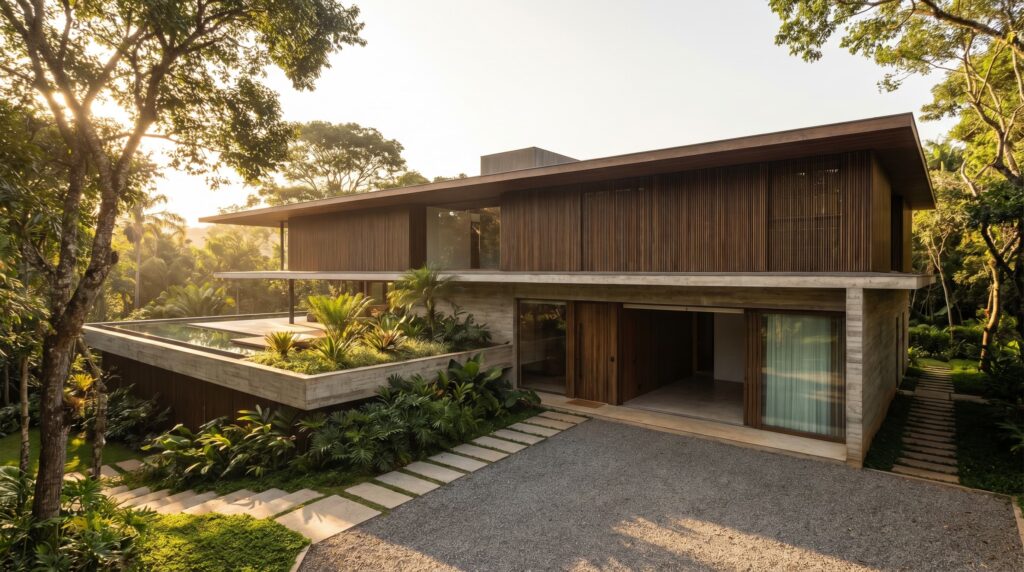 Fachada de casa de luxo com dois pavimentos, estrutura em concreto aparente, painéis de madeira articulados (camarão) no andar superior, living aberto para terraço e piscina, projeto por Raphael Davila Arquitetura.