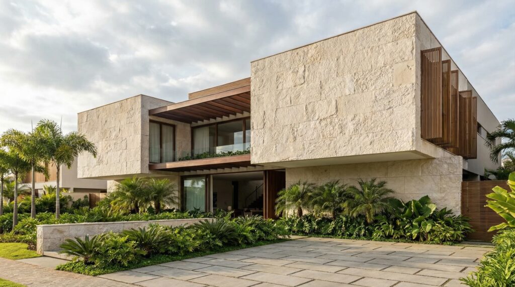 Casa de alto padrão com volumes superiores em balanço revestidos de pedra bruta clara, brises verticais de madeira, grandes aberturas de vidro e paisagismo tropical denso, projeto por Raphael Davila.