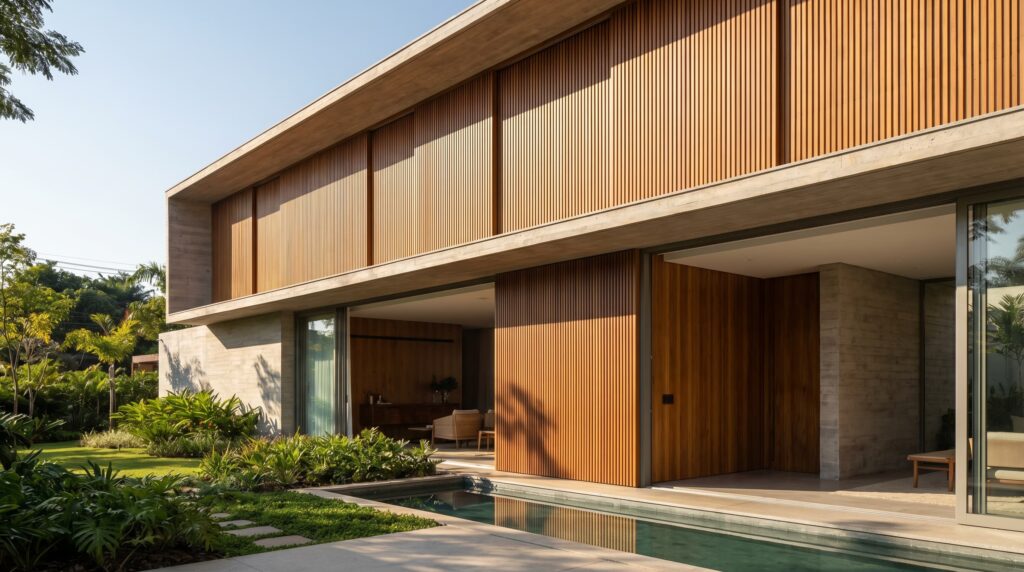 Fachada de casa de luxo com pavilhão superior em madeira ripada, grandes vãos abertos para o living, espelho d'água linear e jardim tropical, projeto por Raphael Davila Arquitetura.