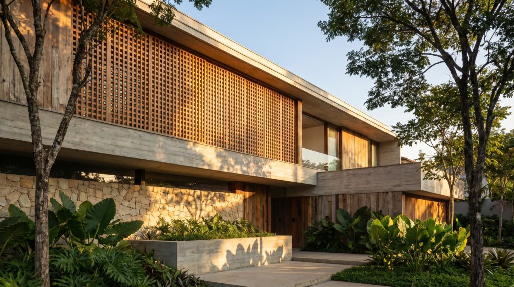 Fachada de casa de luxo com muro de pedra natural, pavilhão superior com brises em treliça de madeira tipo muxarabi, entrada com jardim tropical e iluminação natural, projeto por Raphael Davila Arquitetura.