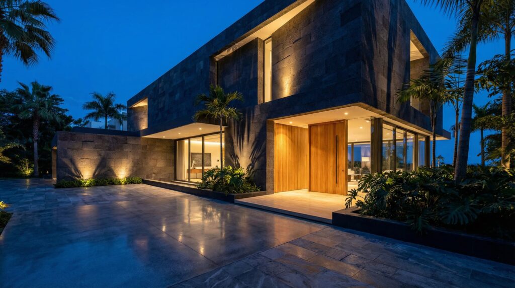Fachada casa de alto padrão ao anoitecer com volumetria em pedra escura rústica, porta monumental em madeira, grandes panos de vidro e paisagismo tropical denso, projeto por Raphael Davila.