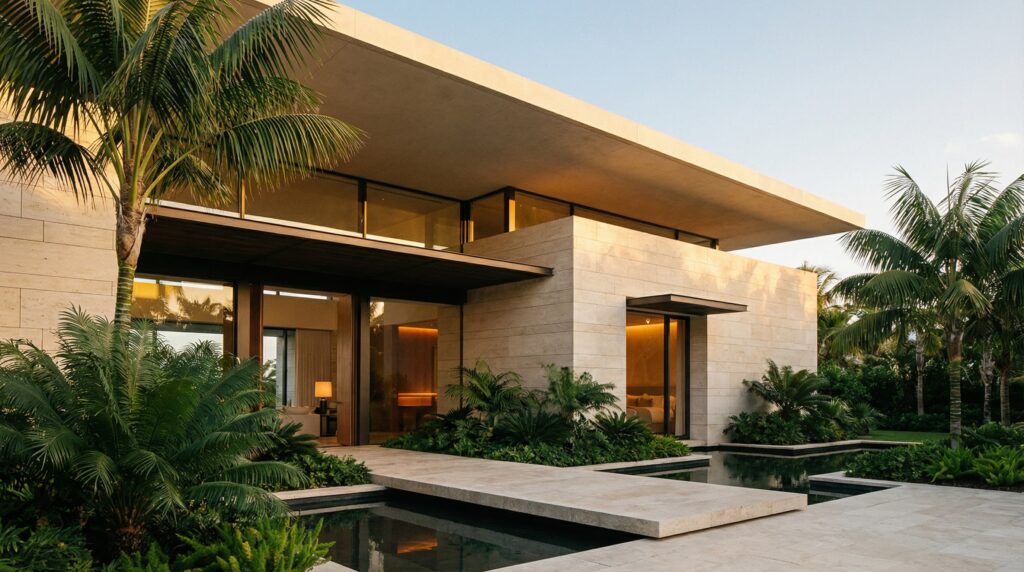 Arquitetura contemporânea de alto padrão com fachada em pedra travertino, passarela sobre espelho d'água, cobertura plana em balanço e integração com palmeiras e jardins, projeto por Raphael Davila.