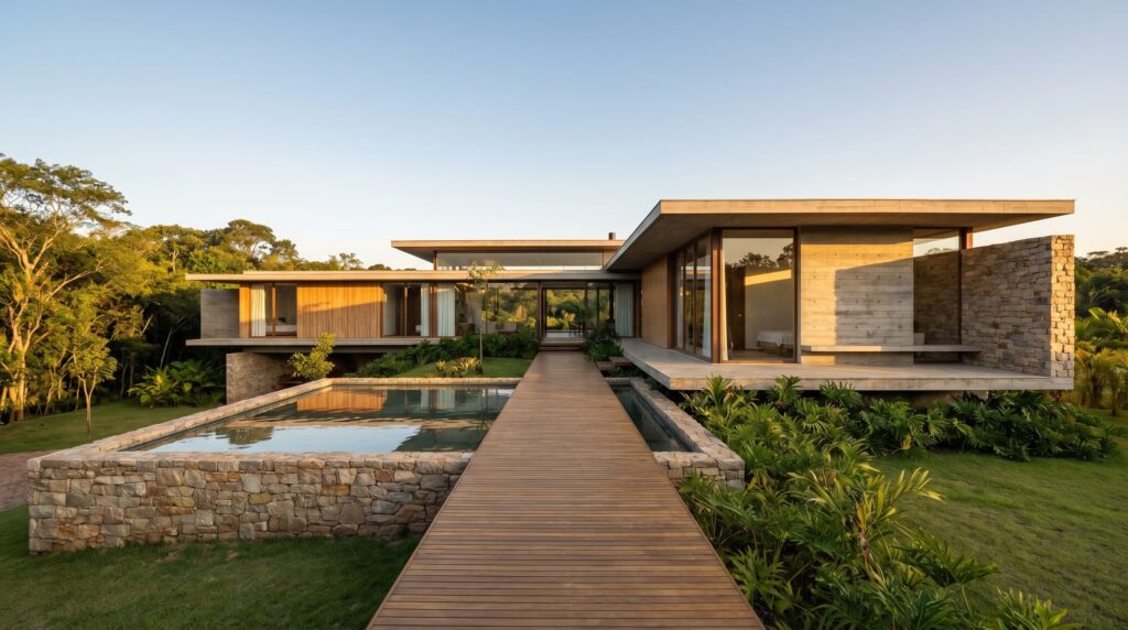 Passarela de madeira sobre espelho d'água em residência de luxo, conectando volumes em concreto aparente e pedra natural, com iluminação de pôr do sol e paisagismo tropical, projeto por Raphael Davila Arquitetura.