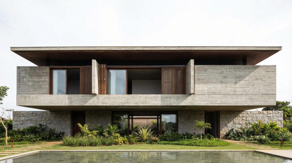 Fachada casa de alto padrão com volumetria em concreto aparente ripado, base em pedra natural amarela rústica, brises de madeira, grandes panos de vidro e piscina, projeto por Raphael Davila.