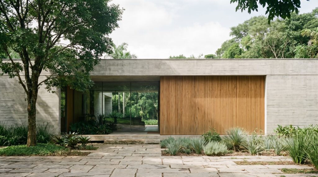 Fachada frontal de casa moderna com laje em concreto aparente ripado, painel deslizante em madeira, grandes panos de vidro e jardim com pedriscos e vegetação nativa, projeto por Raphael Davila Arquitetura.