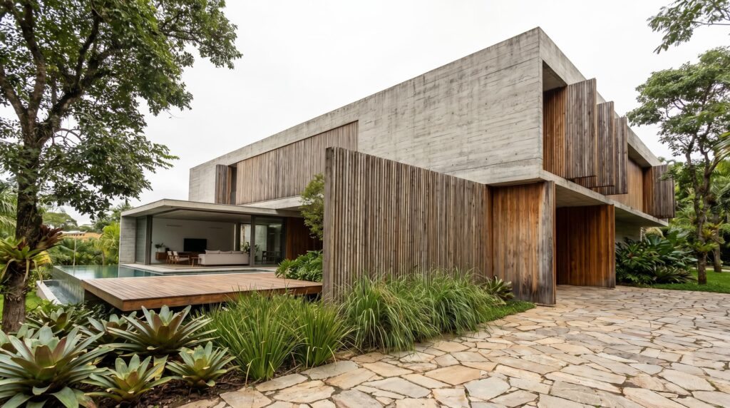 Fachada de casa moderna com estrutura em concreto aparente, painéis de brise vertical em madeira, área de lazer com deck e piscina integrada ao paisagismo tropical, projeto por Raphael Davila Arquitetura.