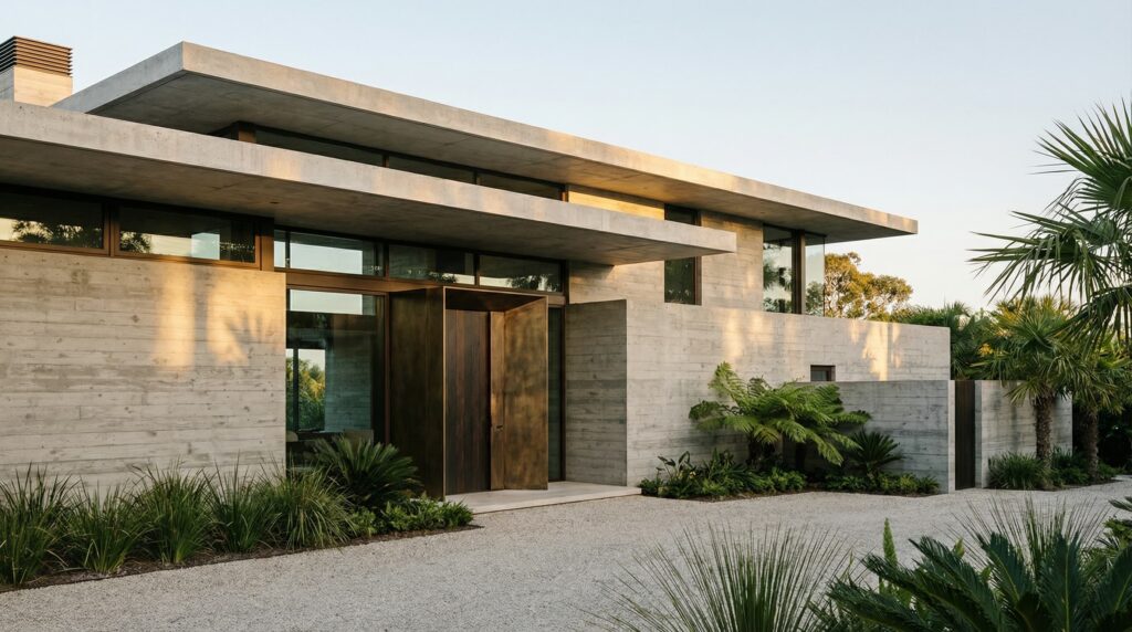 Fachada de casa contemporânea em concreto aparente com textura ripada, porta monumental em metal oxidado, grandes beirais planos e jardim com cicas e gramíneas, projeto por Raphael Davila.