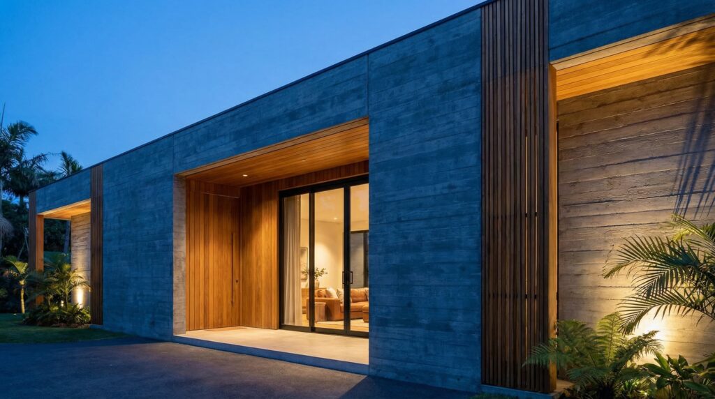 Fachada casa contemporânea ao anoitecer com textura de concreto ripado, forro de madeira nobre, grandes esquadrias de vidro e iluminação quente, projeto por Raphael Davila.