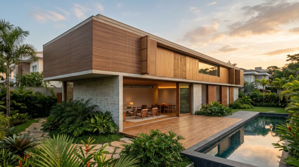 Fachada posterior de casa de luxo com pavimento superior revestido em madeira ripada, térreo em concreto aparente com living integrado, deck de madeira e piscina, projeto por Raphael Davila Arquitetura.