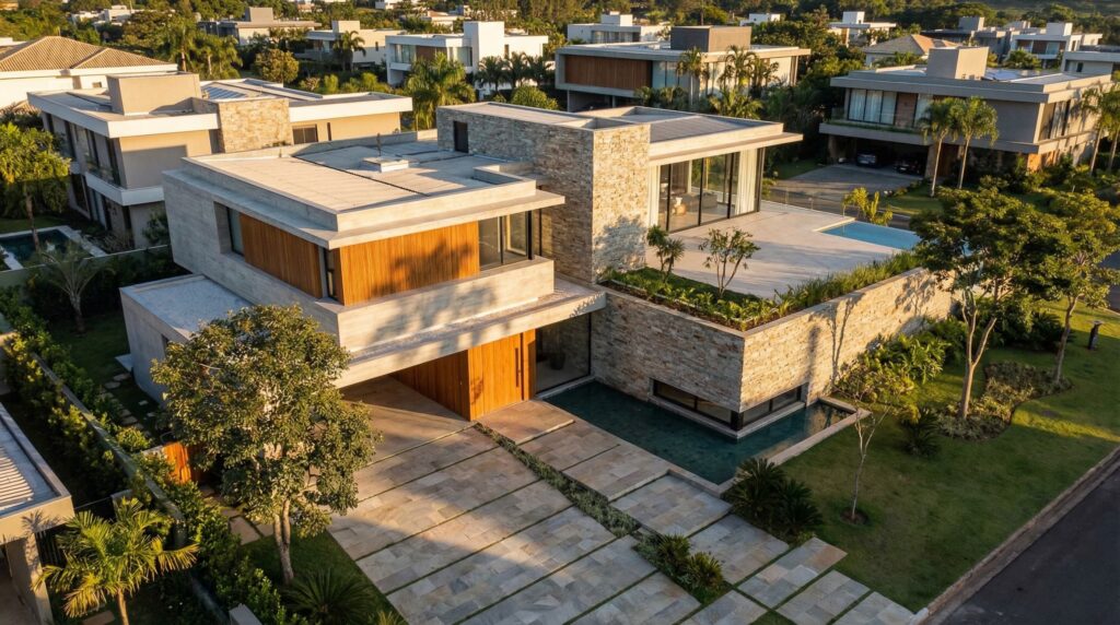 Vista aérea de casa de alto padrão com telhados planos, volumes em pedra e concreto, jardins suspensos, piscina com borda infinita e integração com o condomínio de luxo, projeto por Raphael Davila.