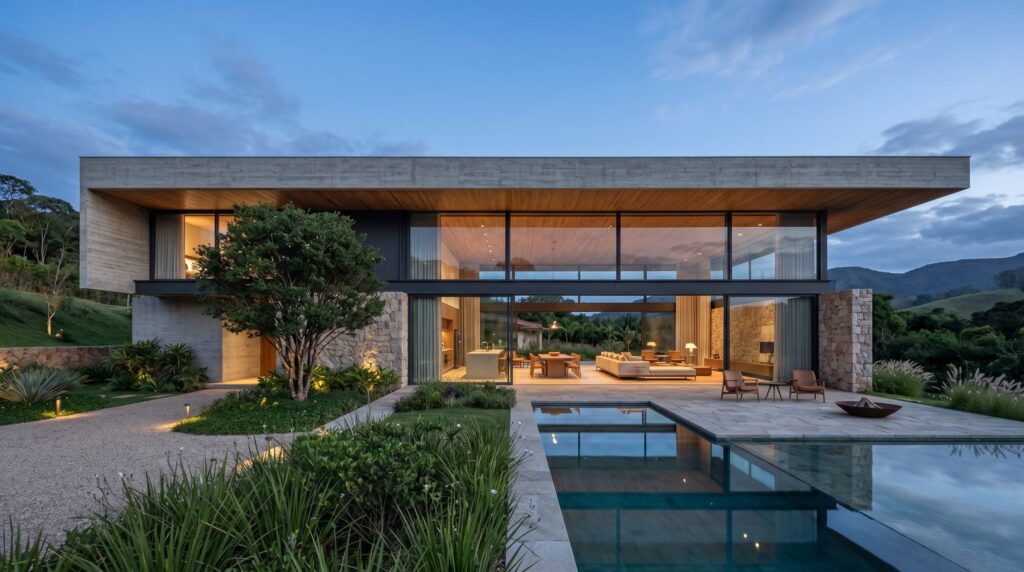 Fachada noturna de casa de luxo com pé-direito duplo envidraçado, paredes em pedra natural, estrutura em concreto aparente e piscina iluminada, projeto por Raphael Davila Arquitetura.