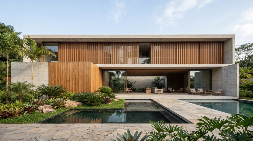 Fachada de casa de luxo com painéis de brise em madeira no pavimento superior, living integrado ao pátio de pedra natural e piscina, cercada por paisagismo tropical com palmeiras e cicas, projeto por Raphael Davila Arquitetura.