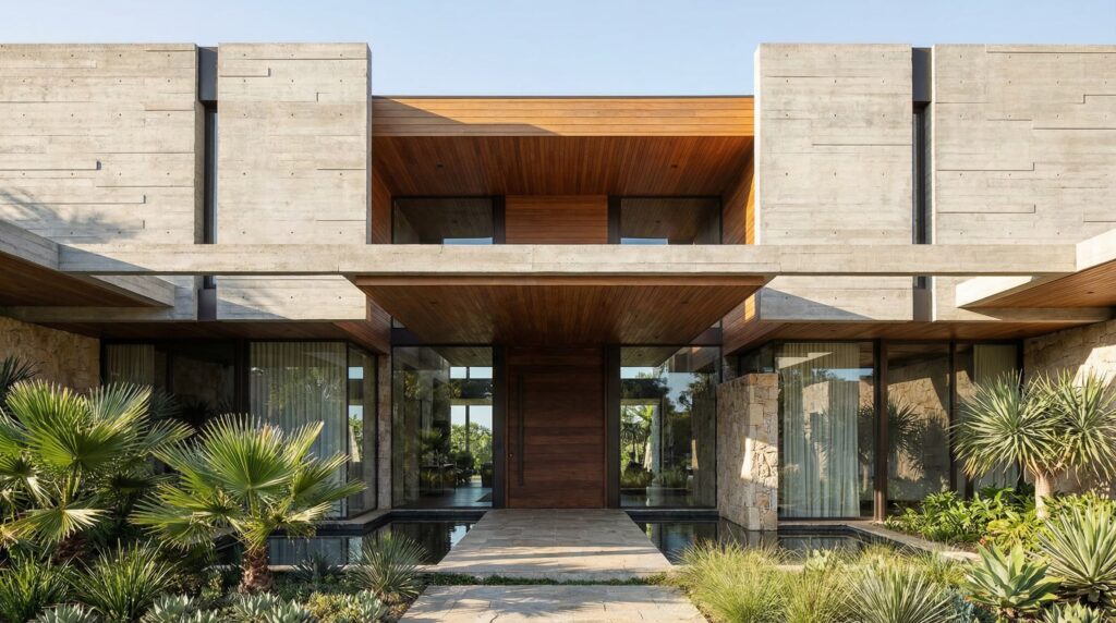 Entrada monumental de casa de alto padrão com passarela sobre espelho d'água, volumes em concreto ripado, forro amadeirado e porta pivotante em madeira nobre, projeto por Raphael Davila.