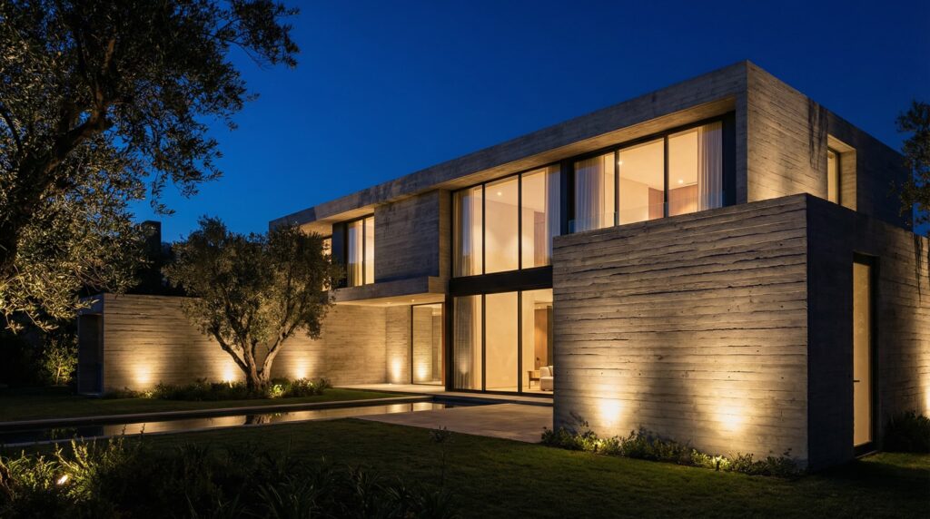 Residência de alto padrão ao anoitecer com volumes em concreto aparente ripado, grandes panos de vidro, iluminação externa focal e jardins com oliveiras, projeto por Raphael Davila.