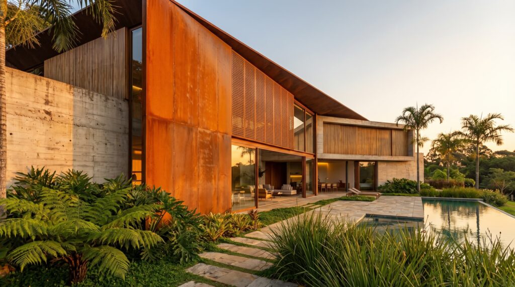 Fachada de casa de luxo com grandes painéis em aço corten oxidado, brises em muxarabi de madeira, living com pé-direito duplo envidraçado e piscina com borda infinita, projeto por Raphael Davila Arquitetura.