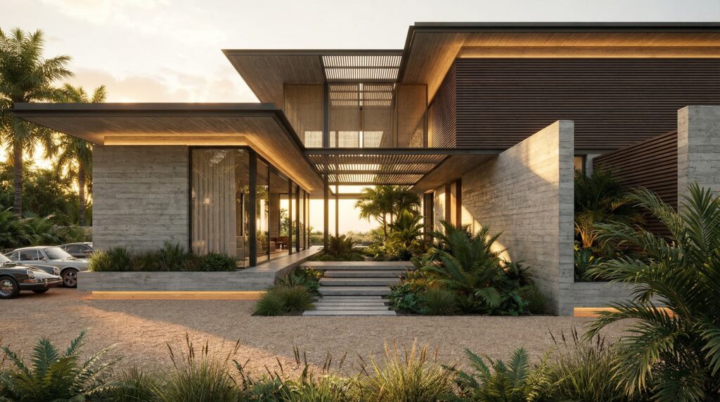 Fachada de casa de luxo com brises metálicos horizontais, volumes em concreto aparente, iluminação linear de LED nos rodapés e beirais, e paisagismo com gramíneas ao entardecer, projeto por Raphael Davila.